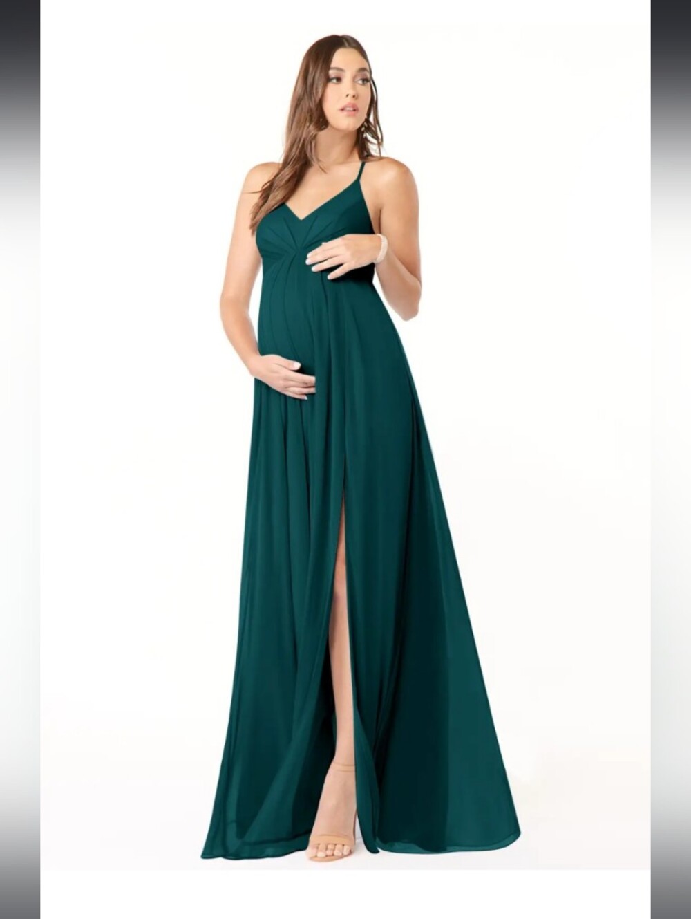 Azazie Peacock Green Annabelle Maternity Dress with Front Slit